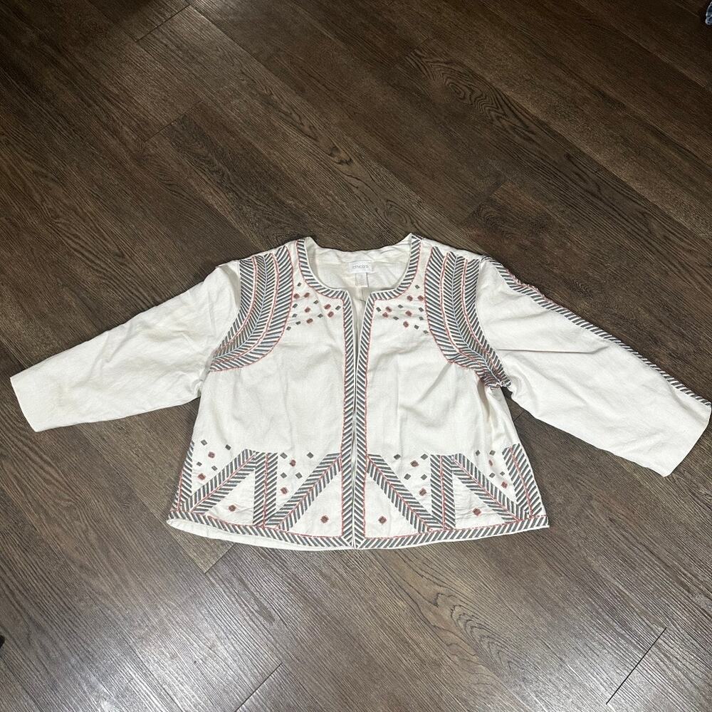 CHICOS Artisan Cropped Boho Jacket sz3 Cream Embroidered Beaded Tribal